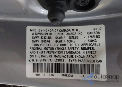 2018 Honda Civic Ex из США, поврежденный, VIN 2HGFC2F74JH521013